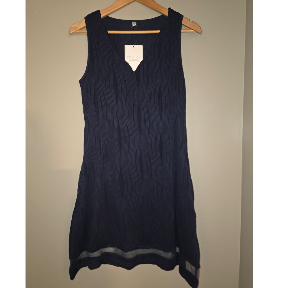 ETCYYNEW Navy Blue Wavy Textured Sleeveless V-Neck Sharkbite Hem Dress Small NEW